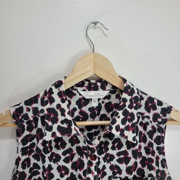 Tradition B&W Leopard Print with Maroon Accents Sleeveless Button Down Shirt - Picture 3 of 7